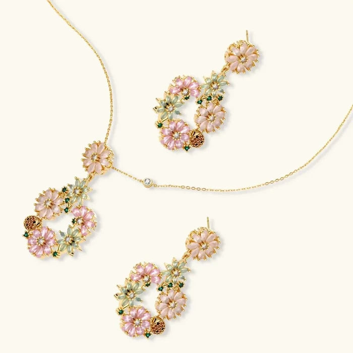 Blooming Garden Floral CZ Necklace set with gold-tone chain, colorful floral wreath pendant and matching dangling flower earrings