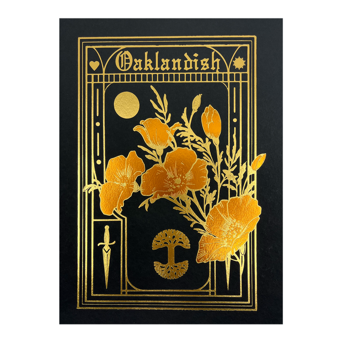 Best-selling Oaklandish Blossom graphic, tree logo, and wordmark on a black and gold poster.