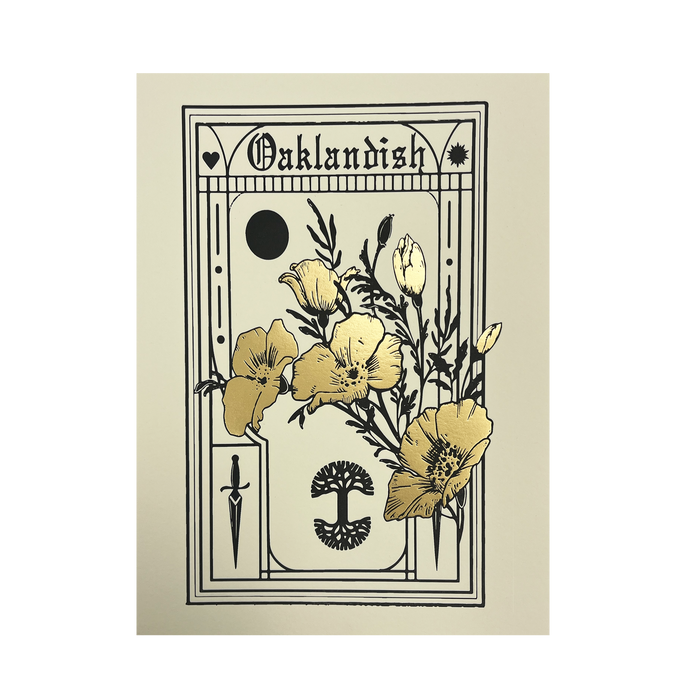 The "Blossom Print" by Never Elsewhere is a detailed line drawing featuring poppy flowers and leaves at its center, with a crescent moon, heart, and dagger in the margins. The artwork seamlessly blends gothic and botanical elements, accented with metallic gold foil on the blossoms. This unique letterpress print showcases intricate craftsmanship.
