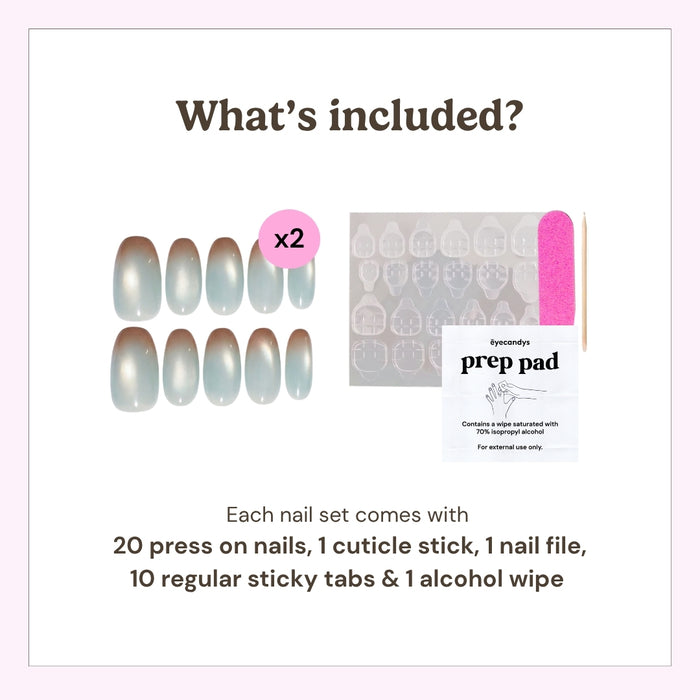 EyeCandys press on nails package contents showing 20 press-on nails, cuticle stick, nail file, alcohol prep pads, and 20 sticky tabs.