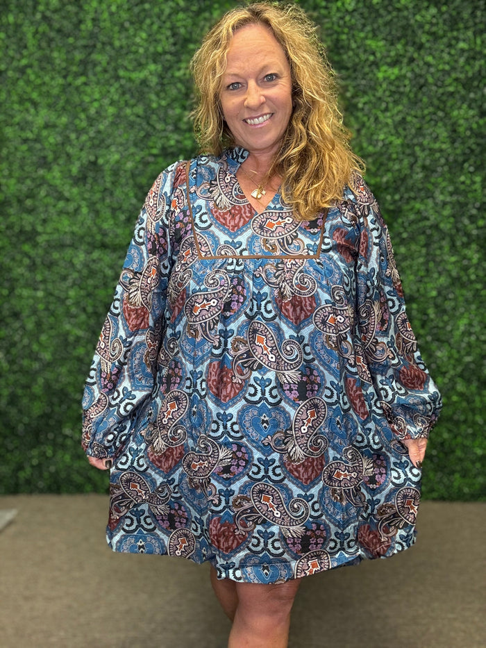 Blue Paisley Mini Dress