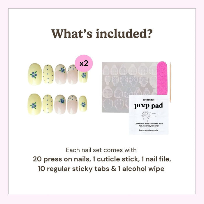 EyeCandys press on nails kit showing 20 reusable nails, cuticle stick, nail file, 10 sticky tabs, and alcohol wipe included in every set.
