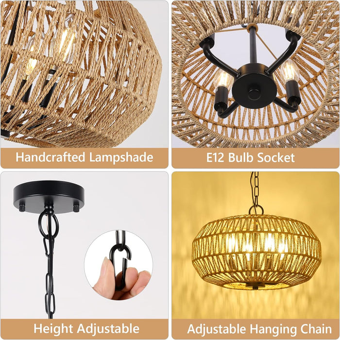 Boho Rattan Chandelier Light Fixture