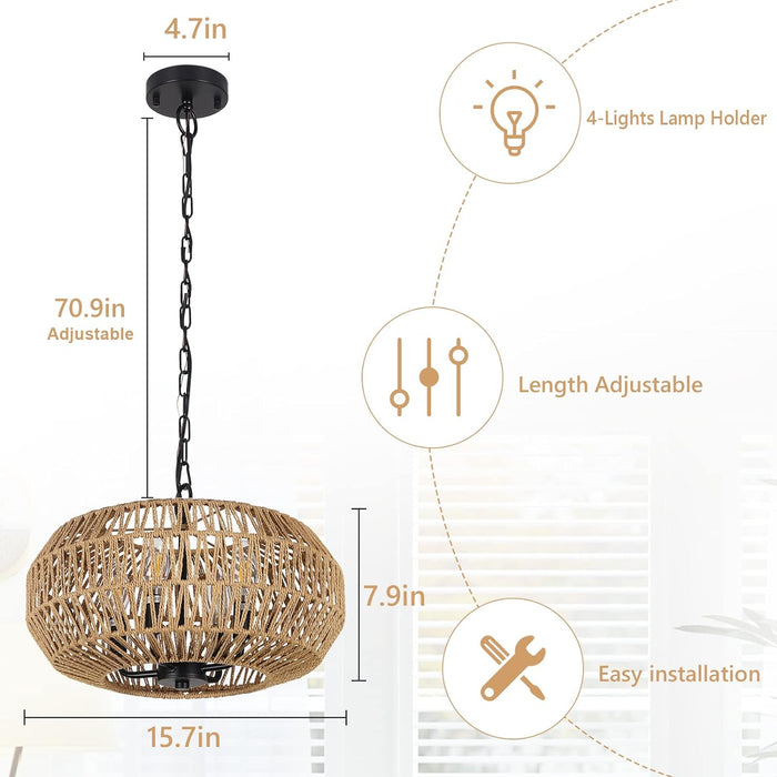 Boho Rattan Chandelier Light Fixture
