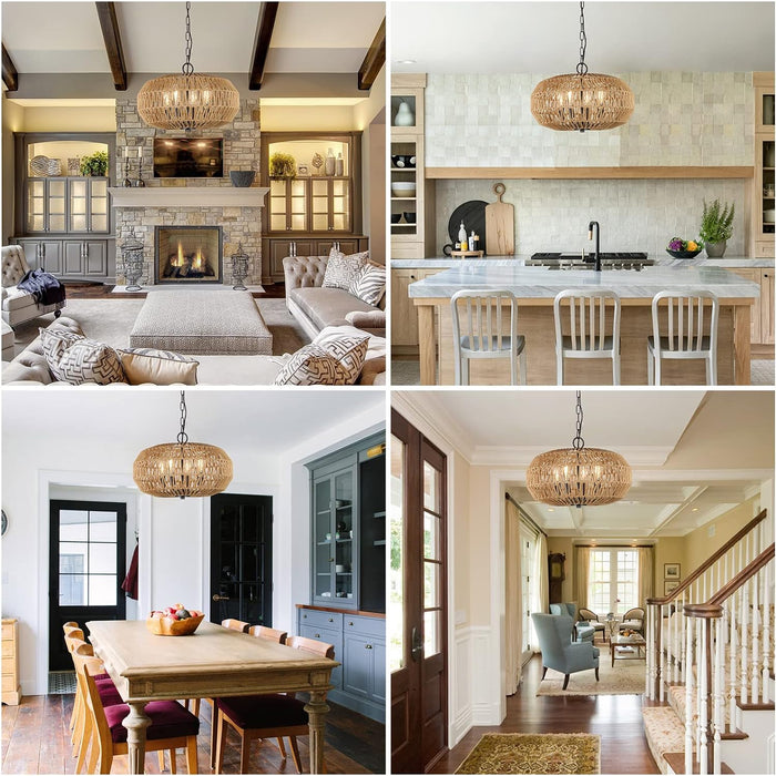 Boho Rattan Chandelier Light Fixture