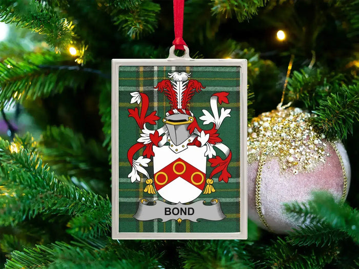 Bond Irish family crest Christmas ornament — crest on the Irish national tartan in a silver-tone frame