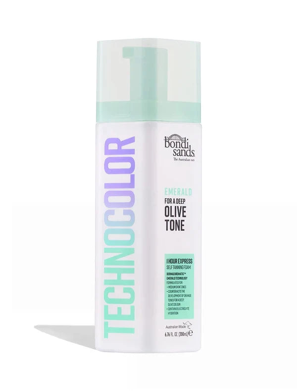 Bondi Sands Technocolor Emerald self-tanning foam bottles in three shades, 200ml each, with vibrant green packaging and product labels.