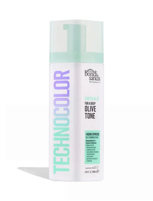 Bondi Sands Technocolor Emerald self-tanning foam bottles in three shades, 200ml each, with vibrant green packaging and product labels.