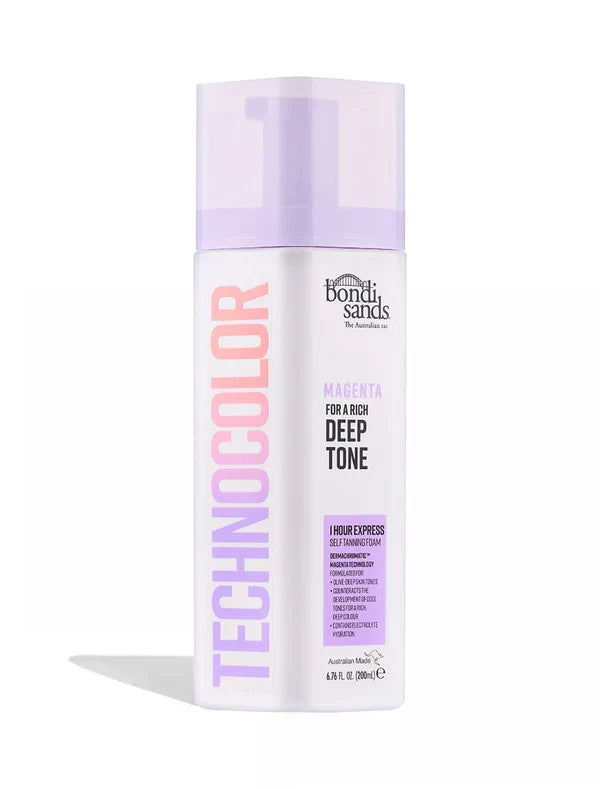 Bondi Sands Technocolor Emerald self-tanning foam in three shades, 200ml, with a vibrant magenta background and foam bottle.