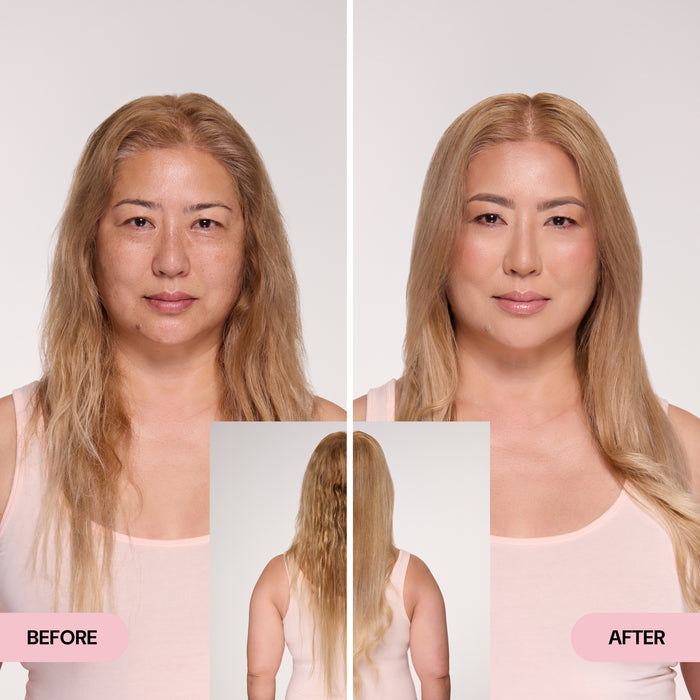 Before and after images showing a woman with wavy, dry hair transformed into smooth, shiny, straight hair.