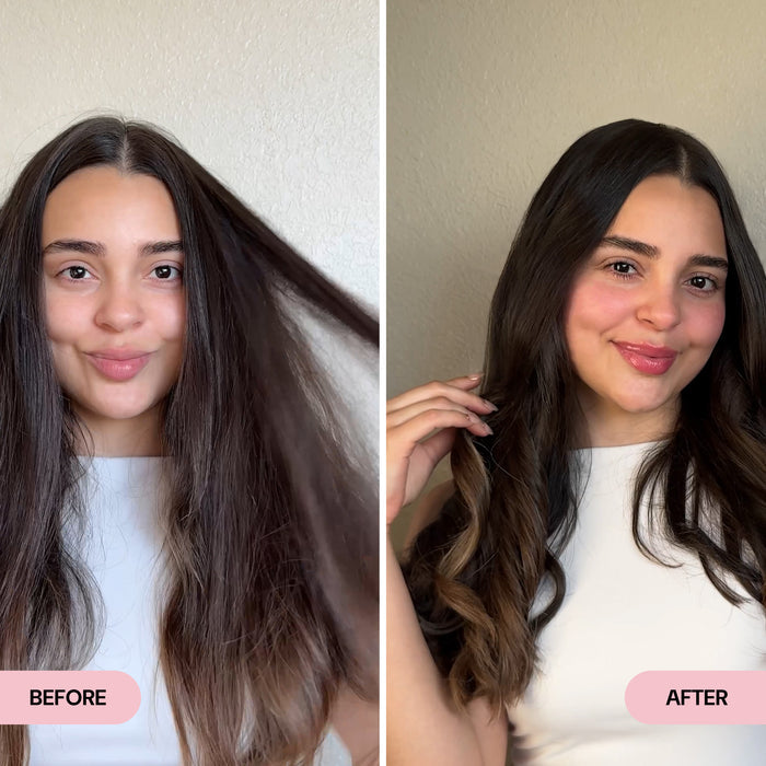 Side-by-side comparison of a woman with dry, voluminous dark brown hair in the "Before" image and soft, waves with a glossy finish in the "After" image. The transformation emphasizes smoother texture, shine, and styled ends for a polished look.