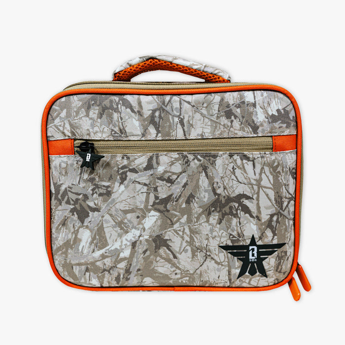 Adult model wearing multi-color lunch box with "Born To Fly SZN 2" design