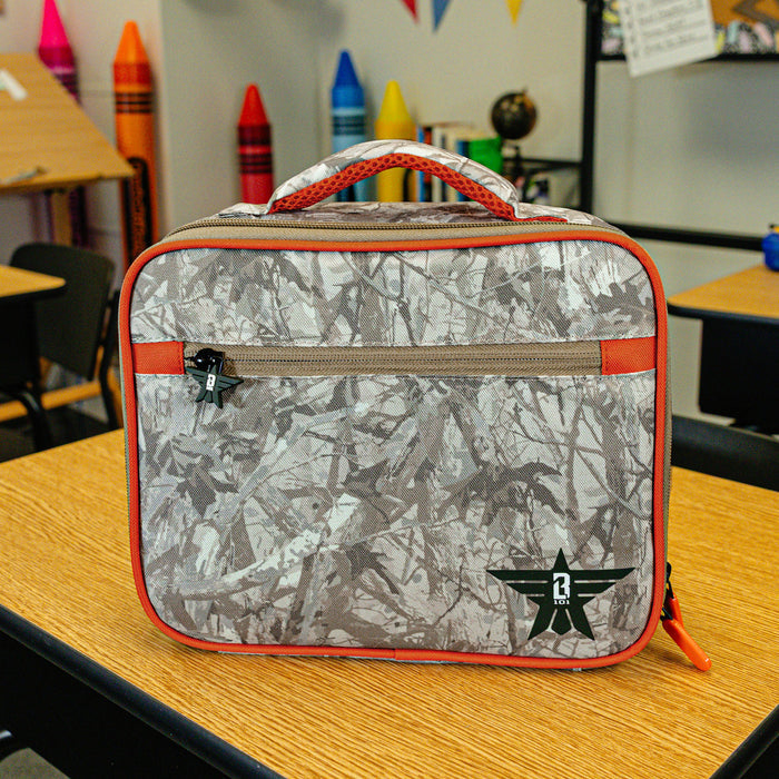Adult model wearing multi-color lunch box with "Born To Fly SZN 2" design