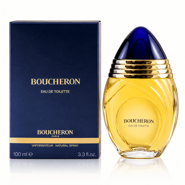 Boucheron EDT for Women Eau de Toilette spray in a clear golden glass bottle with a blue cap and navy box