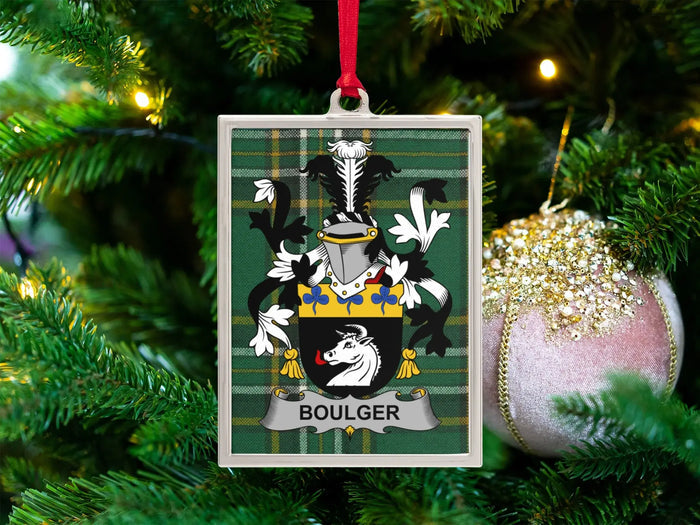 Boulger Irish family crest Christmas ornament — crest on the Irish national tartan in a silver-tone frame