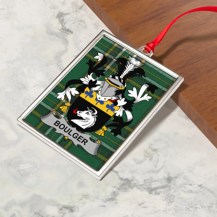 Boulger Irish family crest Christmas ornament — crest and tartan detail