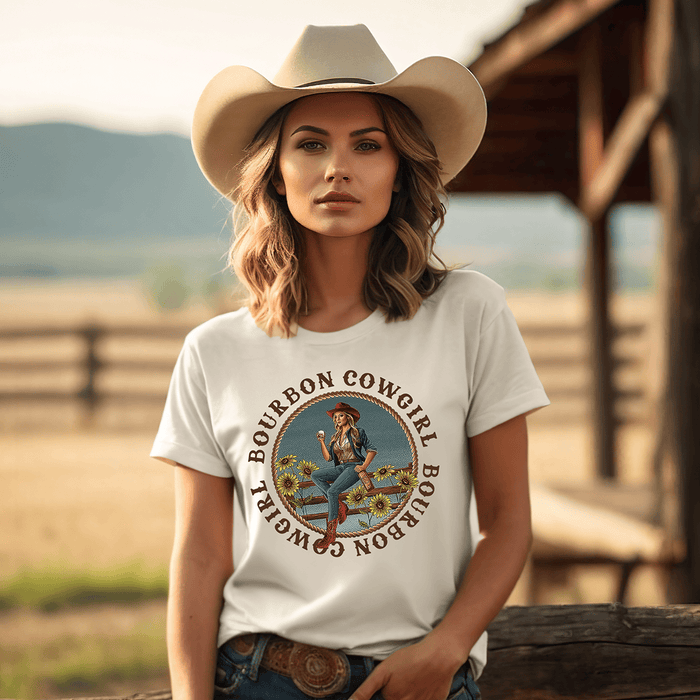 Bourbon Cowgirl logo shirt featuring woman in cowboy hat
