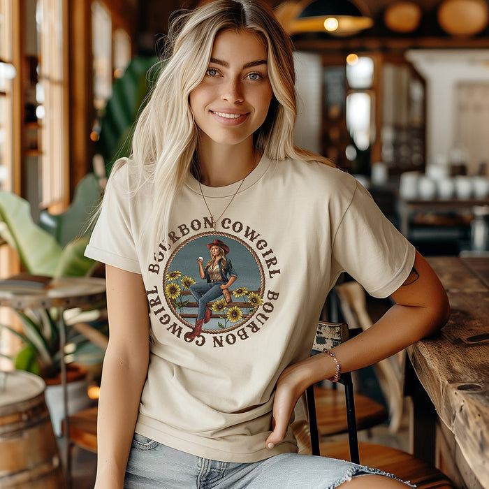 Bourbon Cowgirl tee shirt on woman