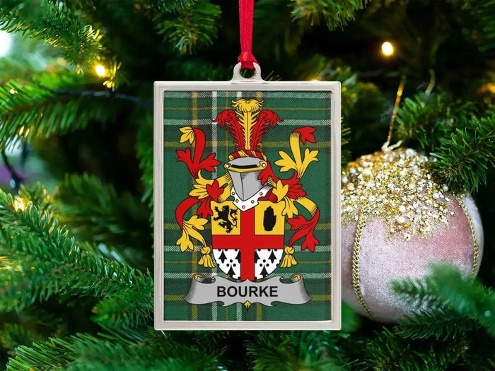 Bourke Irish surname emblem Christmas ornament — emblem on the Irish national tartan in a silver-tone frame