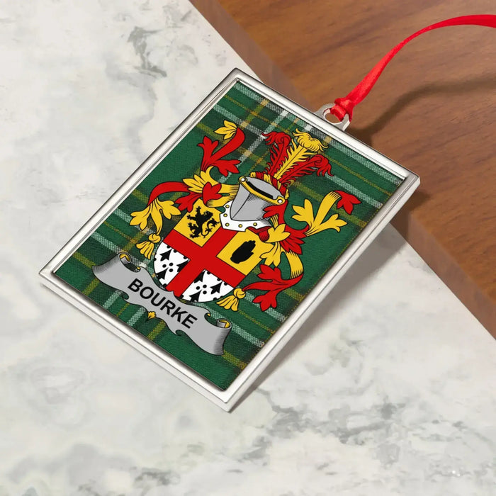 Bourke Irish surname emblem Christmas ornament — emblem and tartan detail