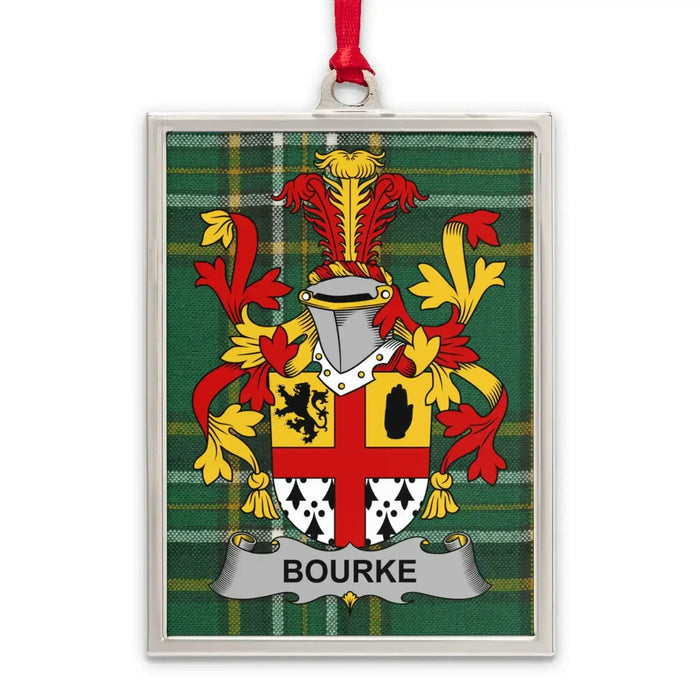 Bourke Irish surname emblem Christmas ornament — silver-tone portrait-frame keepsake