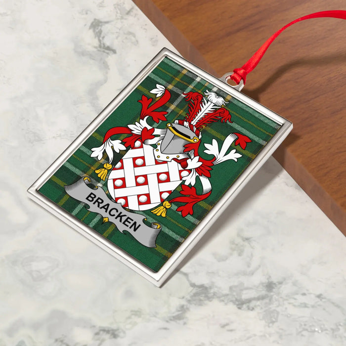 Bracken Irish family crest Christmas ornament — crest and tartan detail