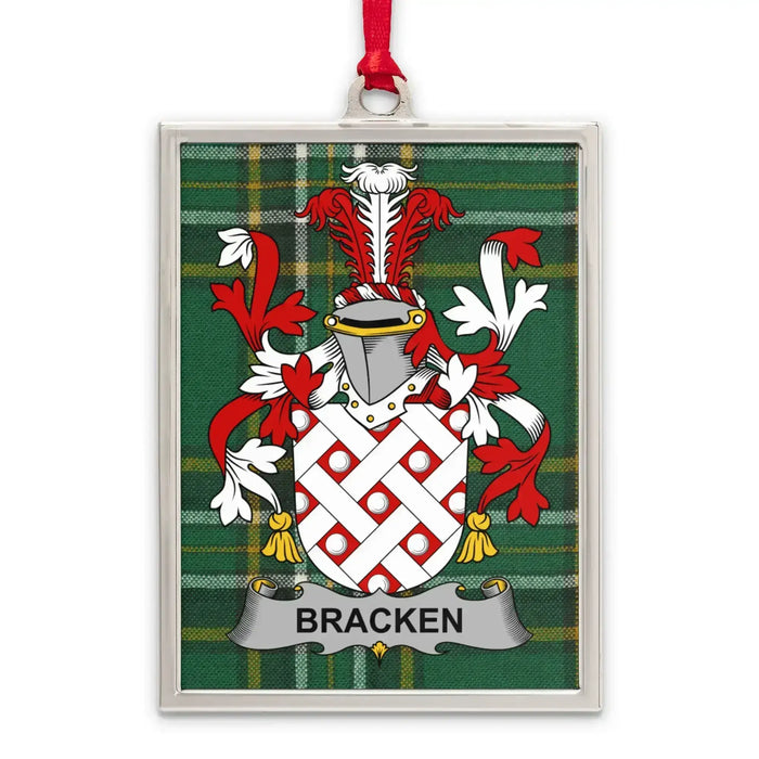 Bracken Irish family crest Christmas ornament — silver-tone portrait-frame keepsake