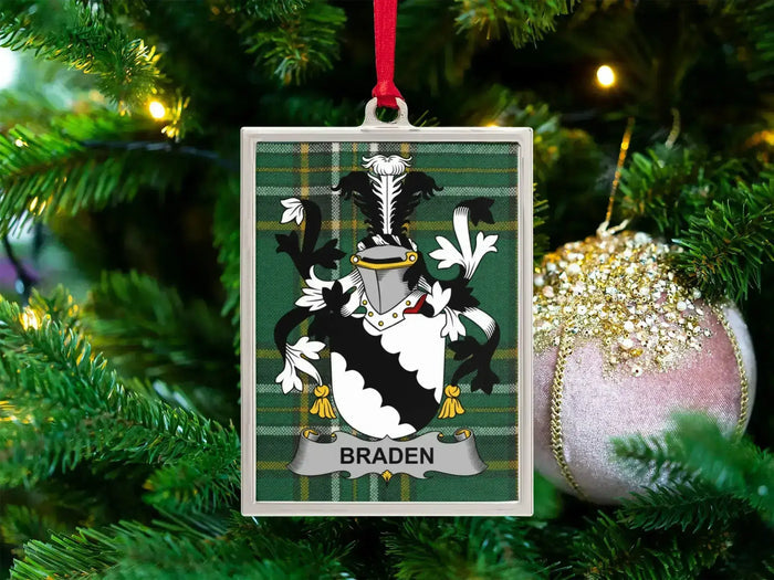 Braden Irish family crest Christmas ornament — crest on the Irish national tartan in a silver-tone frame