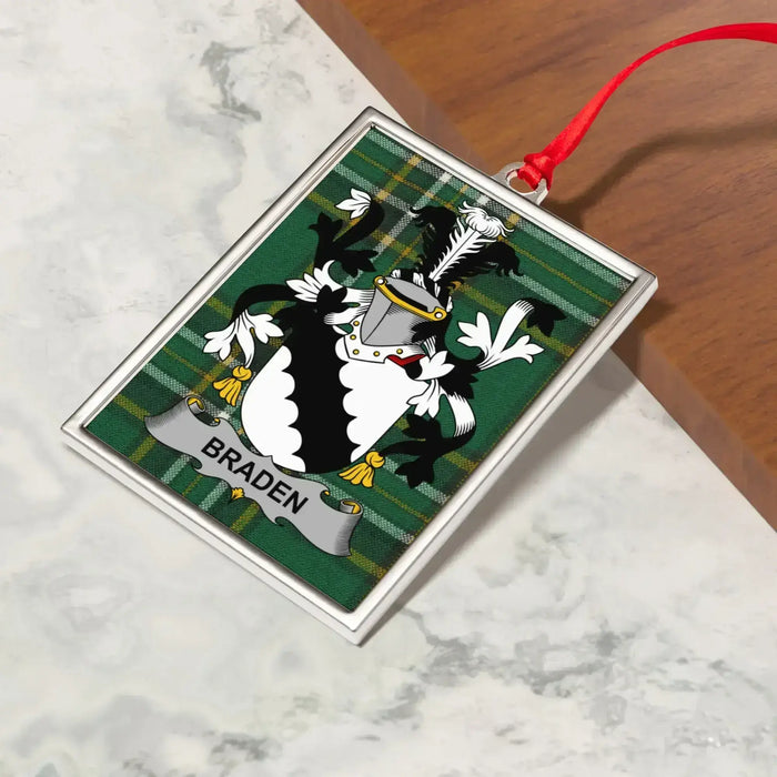 Braden Irish family crest Christmas ornament — crest and tartan detail