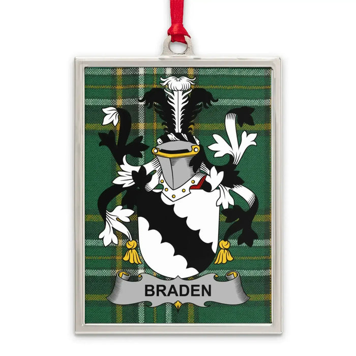 Braden Irish family crest Christmas ornament — silver-tone portrait-frame keepsake