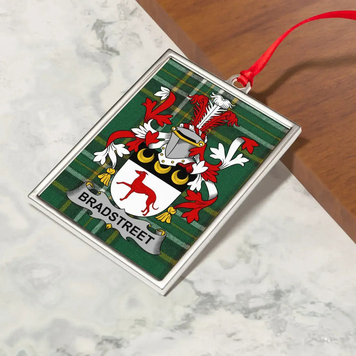 Bradstreet Irish family crest Christmas ornament — crest and tartan detail