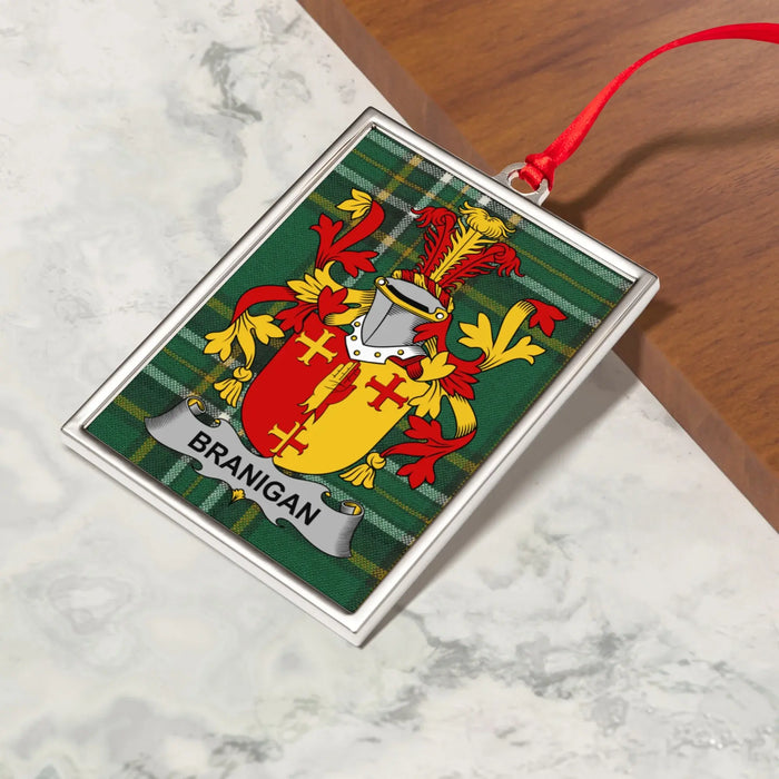 Branigan Irish family crest Christmas ornament — crest and tartan detail