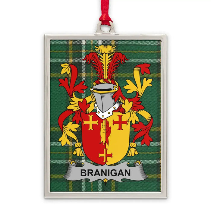Branigan Irish family crest Christmas ornament — silver-tone portrait-frame keepsake