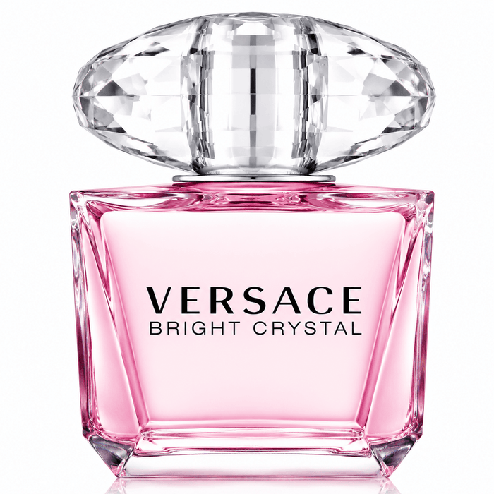 Versace Bright Crystal EDT Women pink glass perfume bottle with clear faceted crystal-shaped cap and black lettering