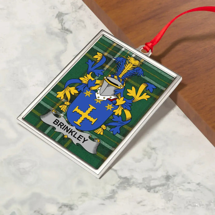 Brinkley Irish family crest Christmas ornament — crest and tartan detail