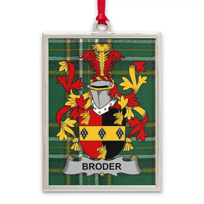 Broder Irish family crest Christmas ornament — silver-tone portrait-frame keepsake