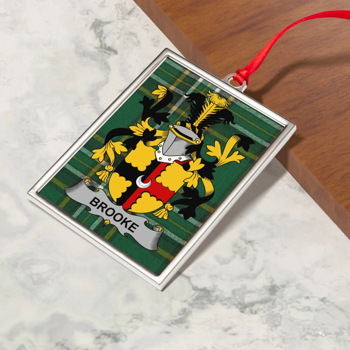 Brooke Irish family crest Christmas ornament — crest and tartan detail