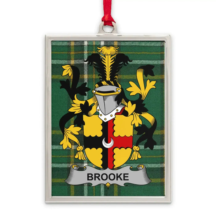 Brooke Irish family crest Christmas ornament — silver-tone portrait-frame keepsake