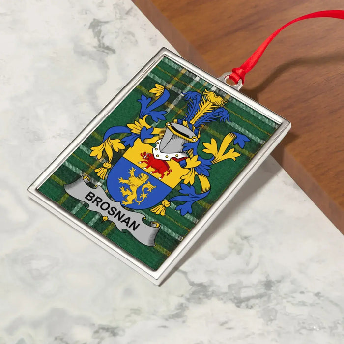 Brosnan Irish family crest Christmas ornament — crest and tartan detail