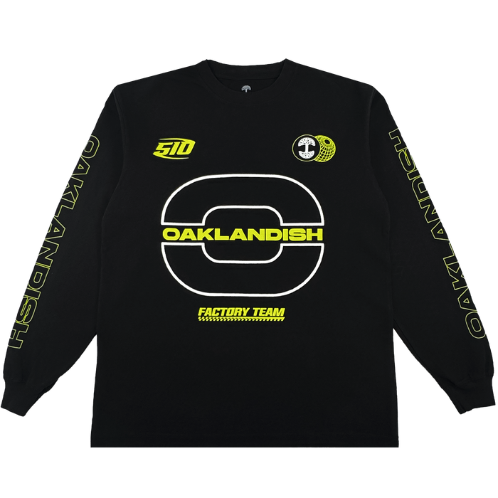 The Brrraaap Moto LS Tee by Oaklandish is a black men's long sleeve shirt with bold yellow and white graphics, “OAKLANDISH” on the chest and sleeves, a large stylized “O,” and racing-inspired logos on the front.