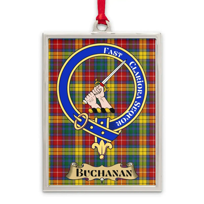 Buchanan tartan-background crest ornament shown as a Scottish heritage keepsake gift