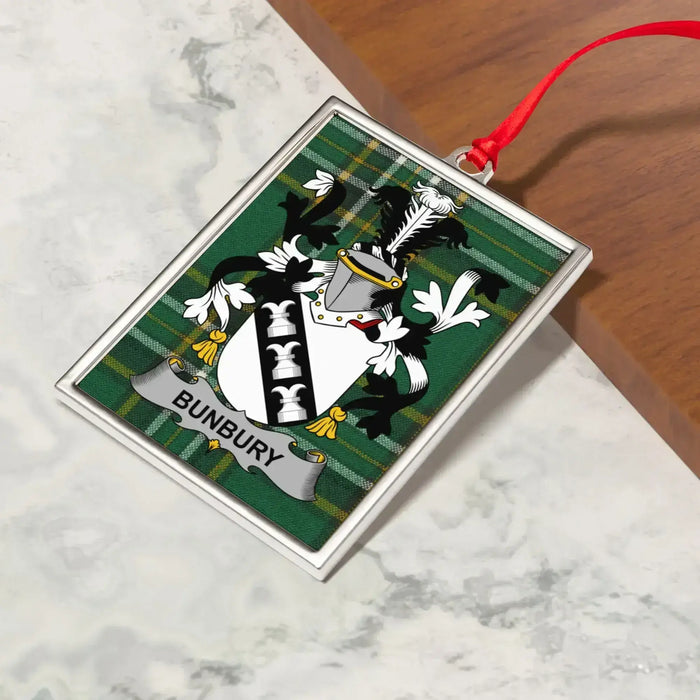 Bunbury Irish family crest Christmas ornament — crest and tartan detail