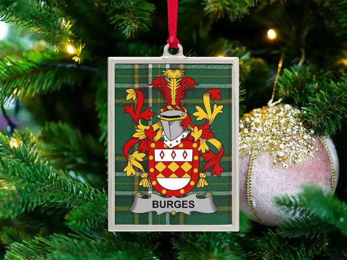 Burges Irish family crest Christmas ornament — crest on the Irish national tartan in a silver-tone frame