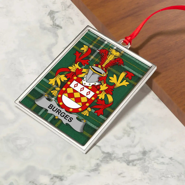 Burges Irish family crest Christmas ornament — crest and tartan detail