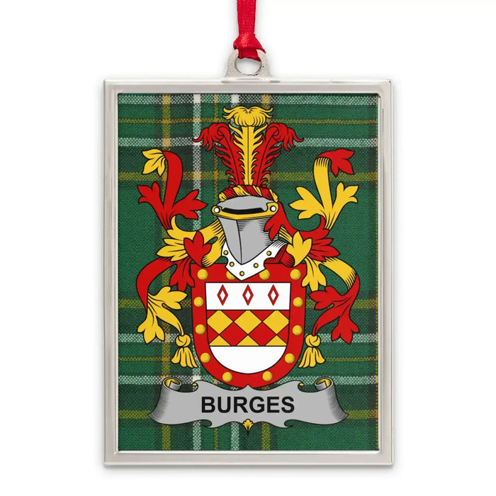 Burges Irish family crest Christmas ornament — silver-tone portrait-frame keepsake