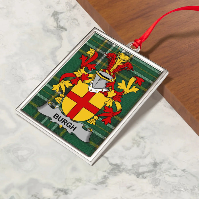 Burgh Irish family crest Christmas ornament — crest and tartan detail