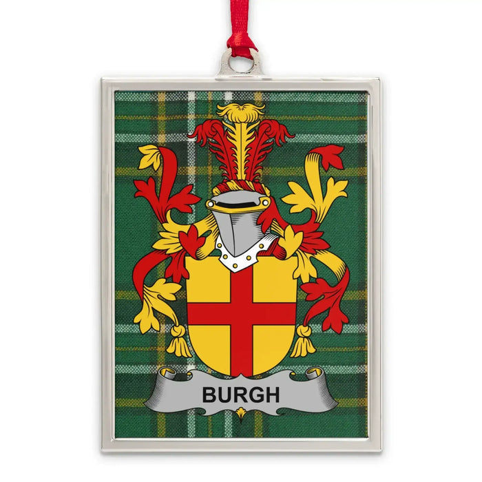 Burgh Irish family crest Christmas ornament — silver-tone portrait-frame keepsake