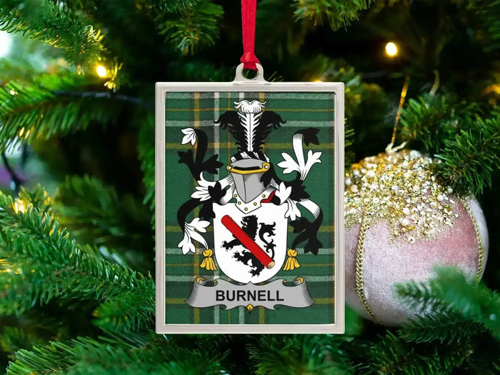Burnell Irish family crest Christmas ornament — crest on the Irish national tartan in a silver-tone frame