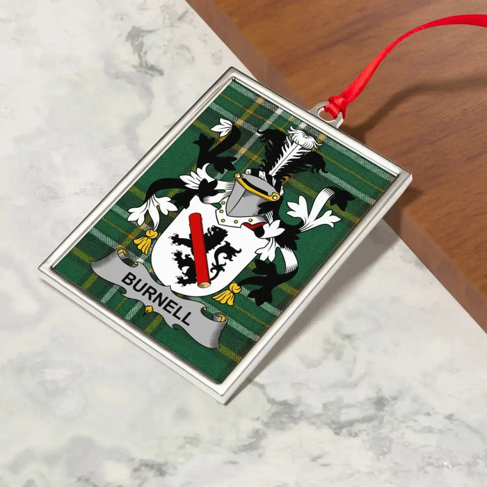 Burnell Irish family crest Christmas ornament — crest and tartan detail