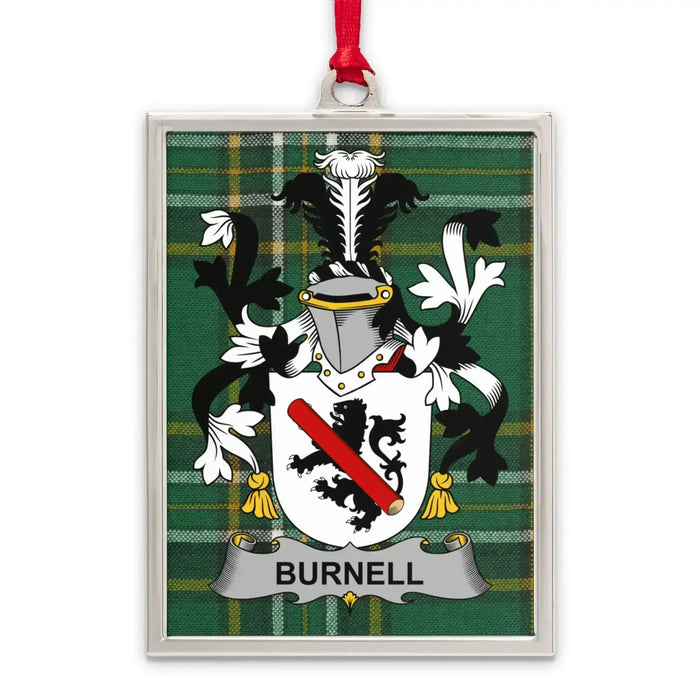 Burnell Irish family crest Christmas ornament — silver-tone portrait-frame keepsake